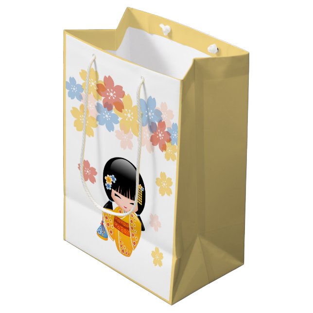 Sac Cadeau Moyen Poupée d'été Kokeshi - Kimono Jaune Geisha Girl (Devant Angle)