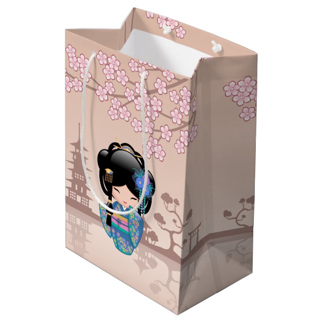 Sac Cadeau Moyen Poupée Keiko Kokeshi - Blue Kimono Geisha Girl (Dos Angle)