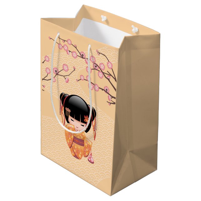 Sac Cadeau Moyen Poupée Ume Kokeshi - Japonaise Geisha Girl Jaune (Dos Angle)
