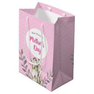 Sac Cadeau Moyen Pour la Fête des Mères White Snowdrops Pink Polka 