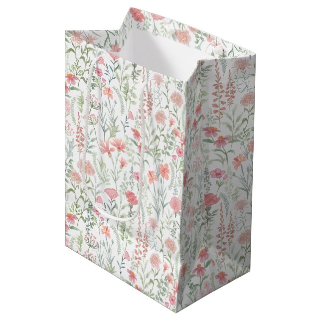 Sac Cadeau Moyen Prairie de fleurs sauvages rose Coquette Féminine (Devant Angle)