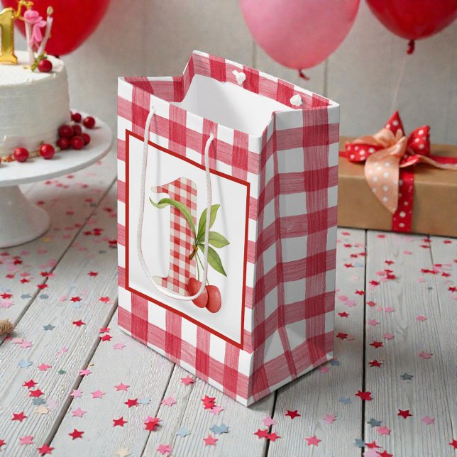 Sac Cadeau Moyen Premier anniversaire cerise gingham bébé (Créateur téléchargé)