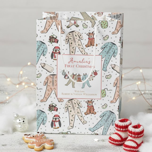 Sac Cadeau Moyen Premier Noël du bébé Neutre pour le genre (Cute Baby's First Christmas Gift Bags Cute Winter Xmas Pajama, Reindeer, Teddy Bear, Penguin Pattern)