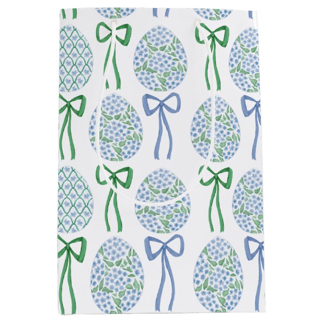 Sac Cadeau Moyen Préppy Bleu et Vert Vaches et Oeufs de Pâques (Devant)