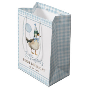 Sac Cadeau Moyen Preppy Blue One Lucky Duck 1er fête d'anniversaire