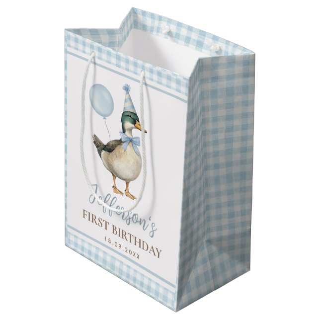 Sac Cadeau Moyen Preppy Blue One Lucky Duck 1er fête d'anniversaire (Dos Angle)