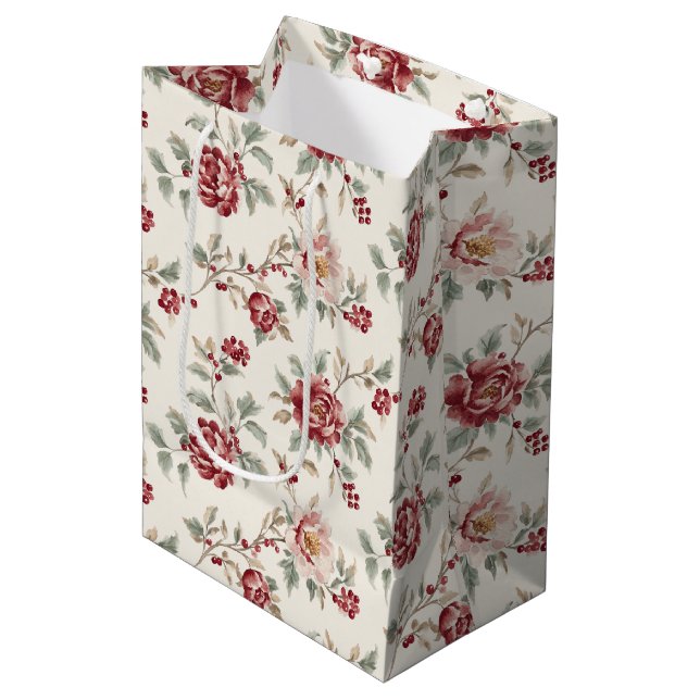 Sac Cadeau Moyen Pretty Chic Red Cream Floral Christmas (Devant Angle)