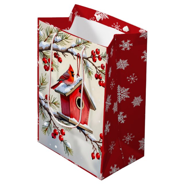 Sac Cadeau Moyen Pretty Christmas Cardinal & Birdhouse Snowflakes (Devant Angle)