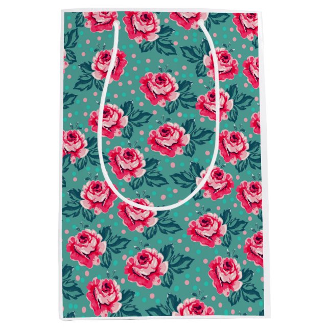 Sac Cadeau Moyen Pretty Pink Roses and Polka Dot Pattern on Teal (Devant)