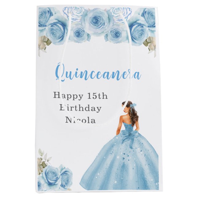 Sac Cadeau Moyen Princesse en Robe Bleue Quinceanera Anniversaire (Devant)