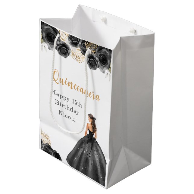 Sac Cadeau Moyen Princesse en Robe Noire Quinceanera (Devant Angle)