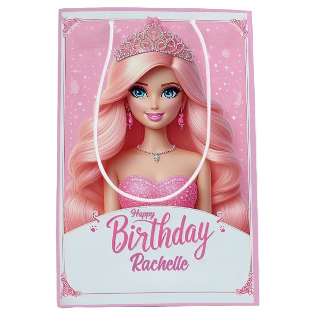 Sac Cadeau Moyen Princesse rose personnalisée Joyeux anniversaire (Devant)