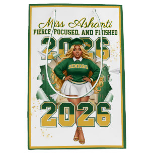 Sac Cadeau Moyen Promotion 2026 Fille Noire Diplômée Vert & Or