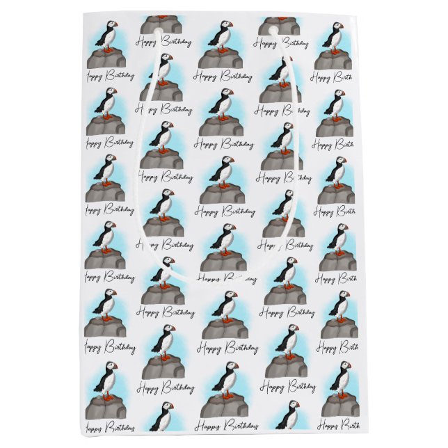 Sac Cadeau Moyen Puffin d'anniversaire personnalisé (Devant)