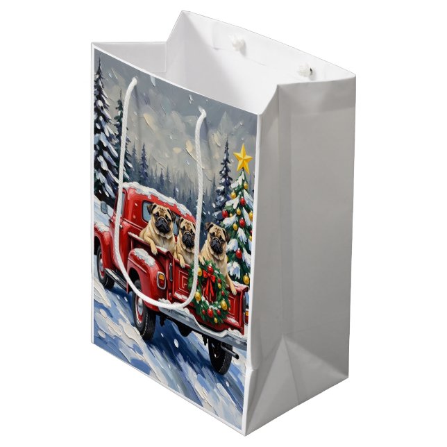 Sac Cadeau Moyen Pug Christmas Red Truck Holiday (Devant Angle)