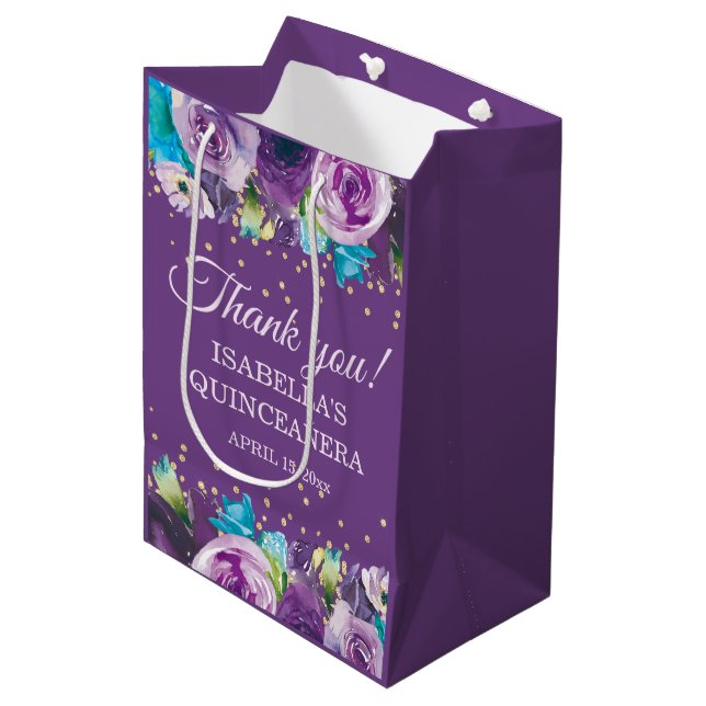 Sac Cadeau Moyen Purple Blue Floral or Quinceañera Merci Nom (Devant Angle)
