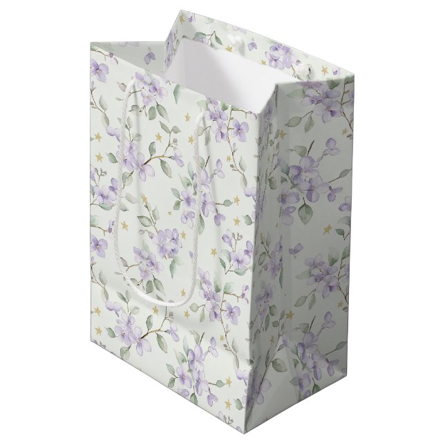 Sac Cadeau Moyen Purple Flowers Gold Stars Moons Baby Shower (Devant Angle)