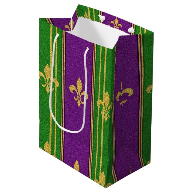 SAC CADEAU MOYEN PURPLE GREEN GOLD GLITTER LOOK MARDI GRAS (Devant Angle)