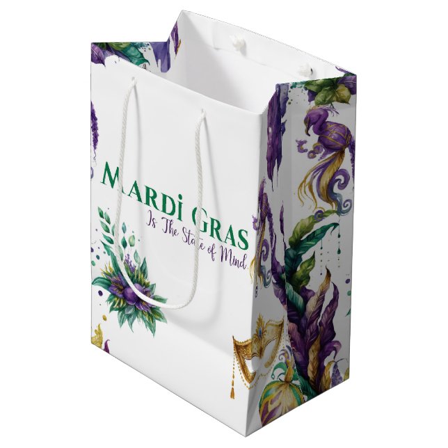 SAC CADEAU MOYEN PURPLE OR VERT MARDI GRAS MASQUES FEATHERS (Devant Angle)