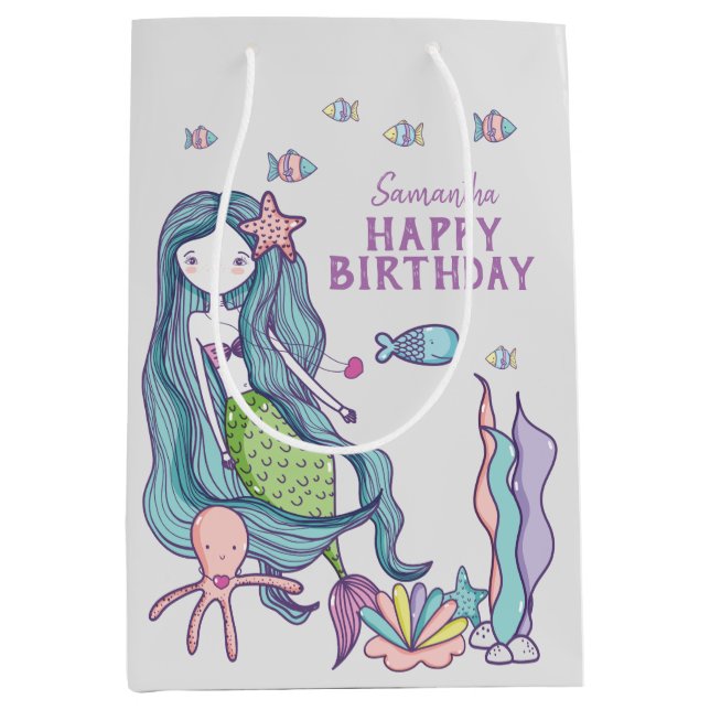 Sac Cadeau Moyen Purple Turquoise Sirène Joyeux Anniversaire Person (Devant)