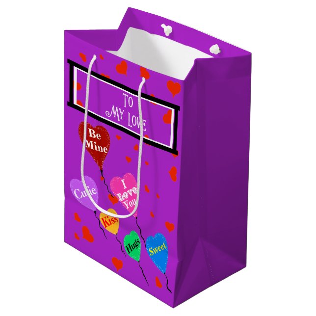 Sac Cadeau Moyen Purple Valentine Je T'Aime Coeurs (Devant Angle)