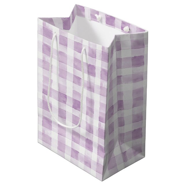 Sac Cadeau Moyen Purple White Plaid Stripes (Devant Angle)