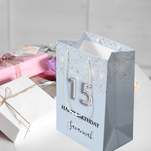 Sac Cadeau Moyen Quinceanera bébé bleu argent nom de la parties sci (Créateur téléchargé)