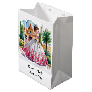 Sac Cadeau Moyen Quinceañera fille en rose et blanc