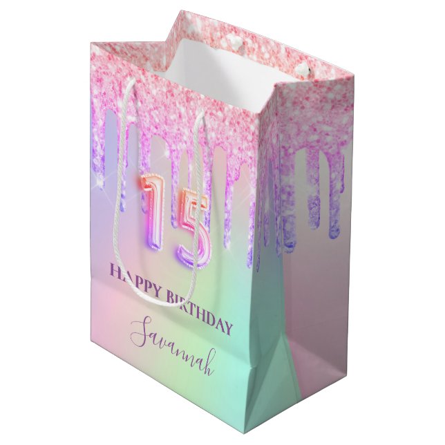 Sac Cadeau Moyen Quinceanera nom holographique rose gouttes (Devant Angle)