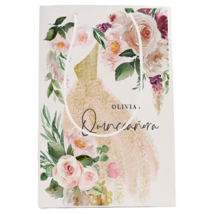 Sac Cadeau Moyen Quinceañera Robe rose girly robe florale annivers