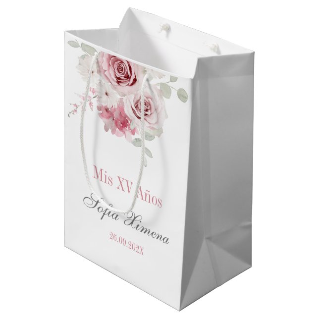 Sac Cadeau Moyen Quinceañera rose rose pâle (Devant Angle)