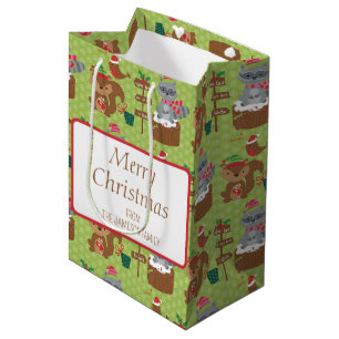 Sac Cadeau Moyen Raccoon de Noël doux, écureuil et flocons de neige