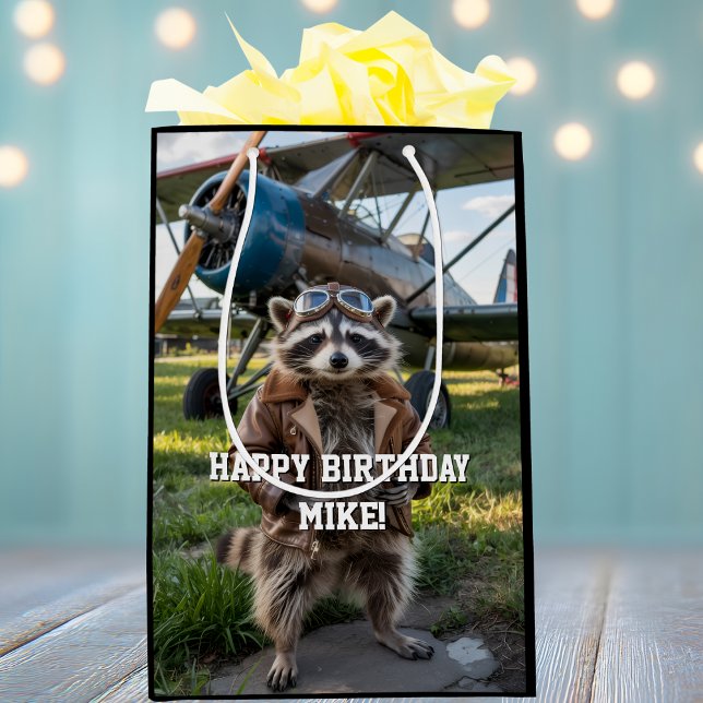 Sac Cadeau Moyen Raccoon Pilot Airplane Funny Photo Birthday Custom (Créateur téléchargé)