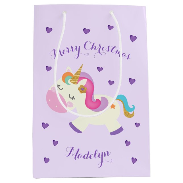 Sac Cadeau Moyen Rainbow Unicorn Parties scintillant de Noël pourpr (Devant)