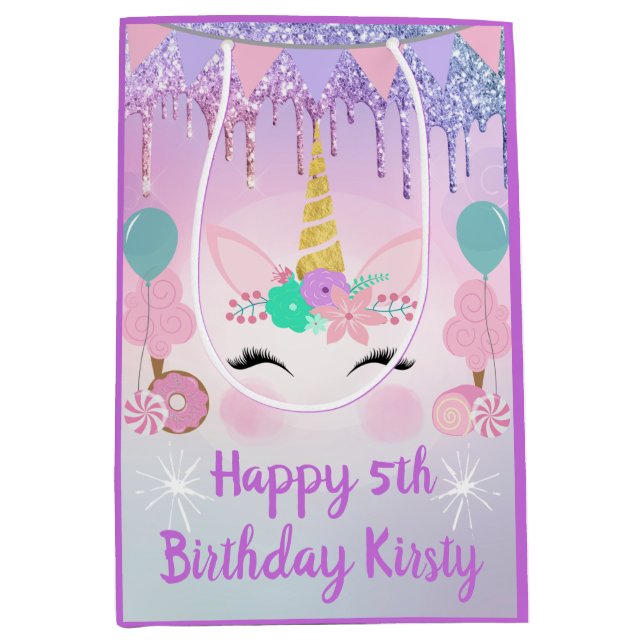 Sac Cadeau Moyen Rainbow Unicorn Visage et sucreries Anniversaire (Devant)