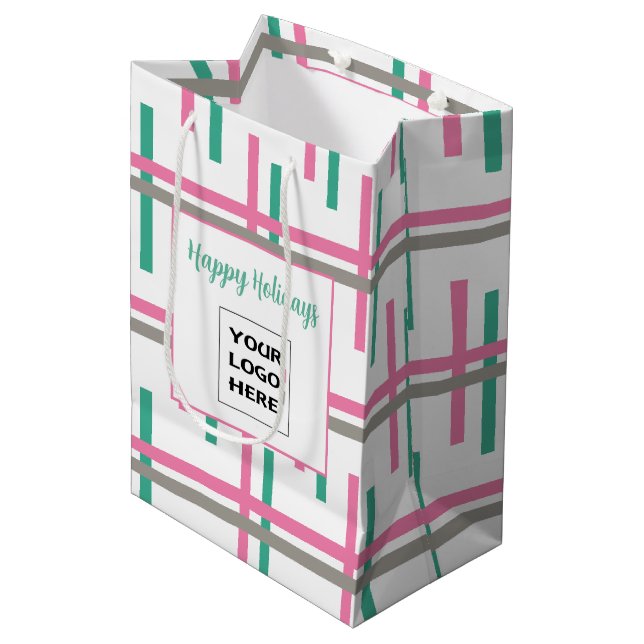 Sac Cadeau Moyen Rayure taupe vert rose  (Devant Angle)