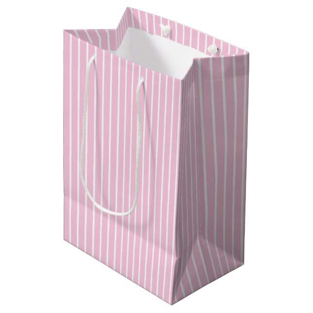 Sac Cadeau Moyen Rayures Classiques Blanc - Rose Clair (Devant Angle)