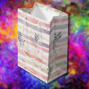 Sac Cadeau Moyen Rayures de feuilles à l'aquarelle pastel vintage