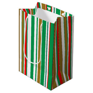 Sac Cadeau Moyen Rayures de Noël modernes rouges, vertes et dorées