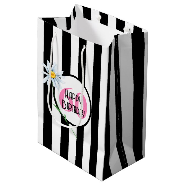 Sac Cadeau Moyen Rayures noires et blanches pour 60 ans (Devant Angle)