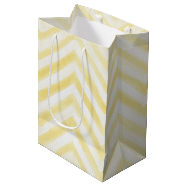 Sac Cadeau Moyen Rayures Zigzag Jaune Blanc Anniversaire (Devant Angle)