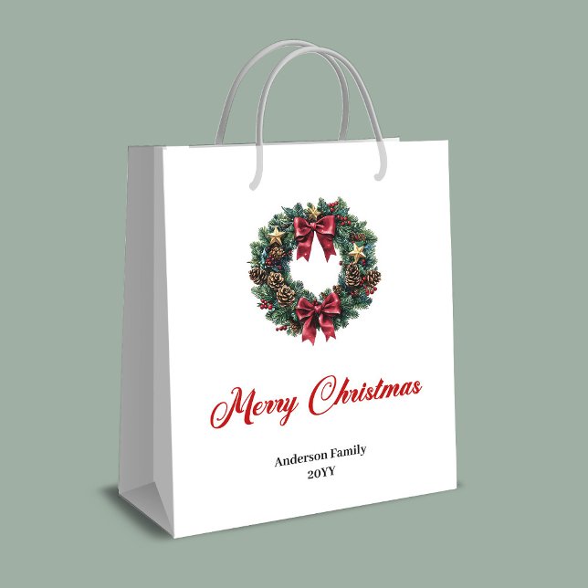 Sac Cadeau Moyen Red and gold pine wreath Christmas bag custom name (Red and gold pine wreath Christmas bag custom name)