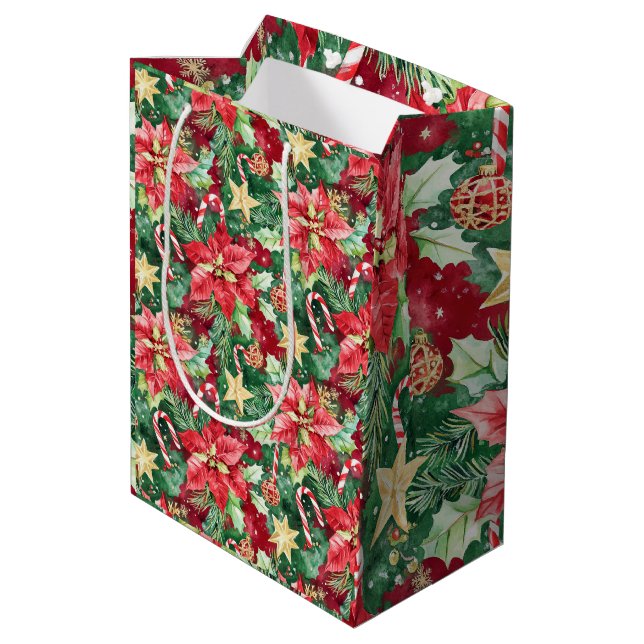 Sac Cadeau Moyen Red and Green Holiday Floral Candy Cane (Dos Angle)