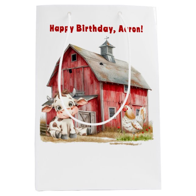 Sac Cadeau Moyen Red Barn Cute Cow Chicken Boy Fête d'anniversaire (Devant)