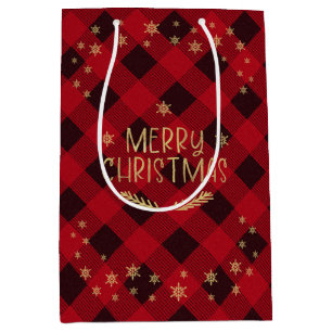 Sac Cadeau Moyen Red Buffalo Plaid Gold Snowflakes Joyeux Noël