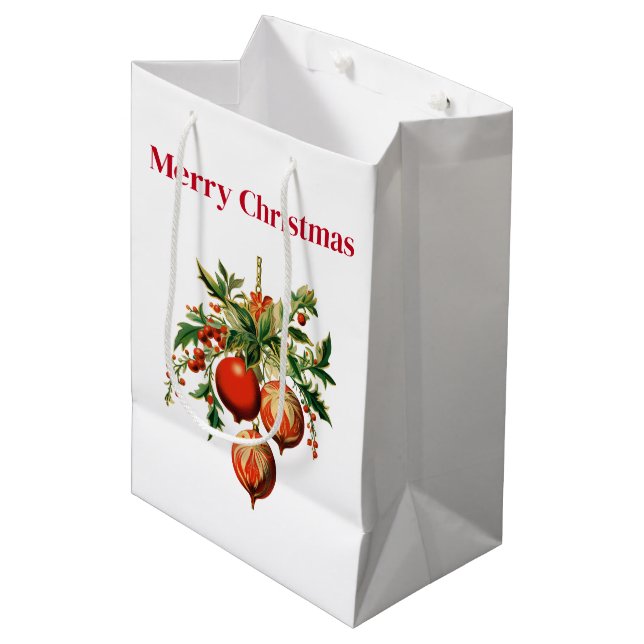 Sac Cadeau Moyen Red Christmas Baubles avec Holly Festive (Devant Angle)