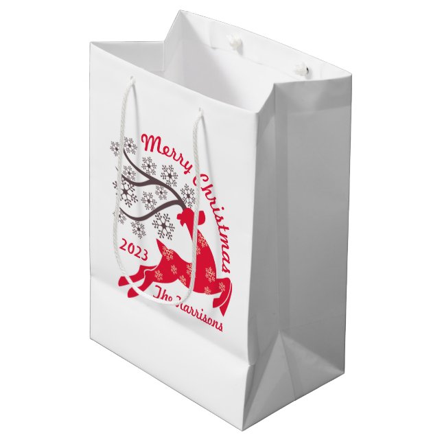 Sac Cadeau Moyen Red Christmas Reindeen Snowflake Nom Blanc (Devant Angle)