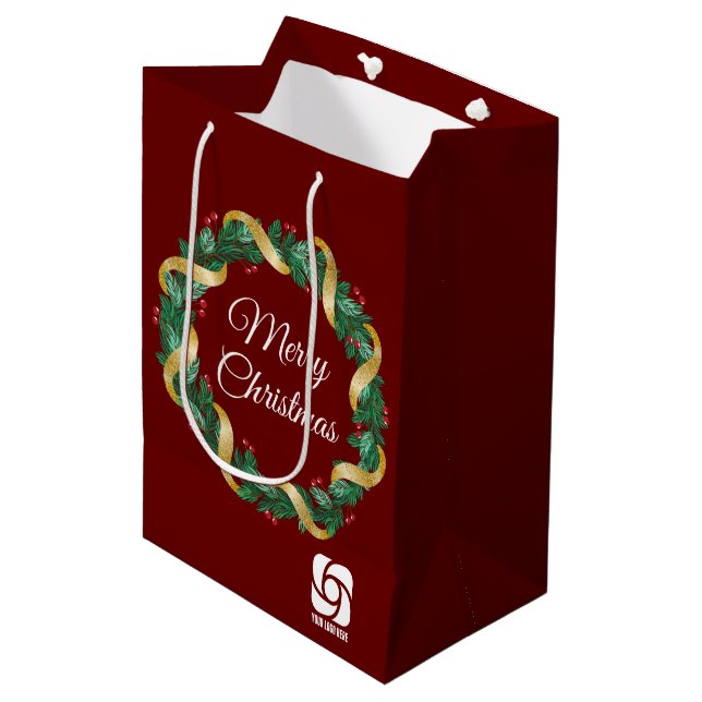 Sac Cadeau Moyen Red Christmas Wreath Custom Company Logo Party (Devant Angle)