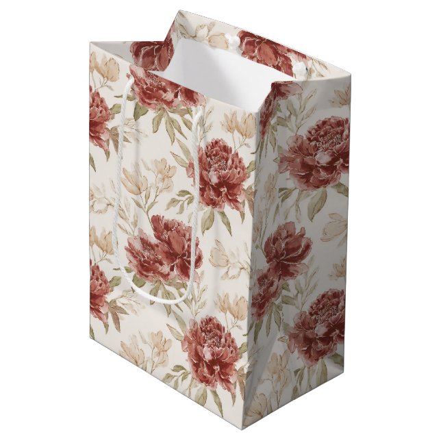 Sac Cadeau Moyen Red Cream Flowers Bridal Shower (Devant Angle)