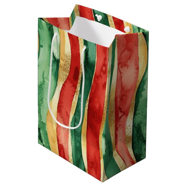 Sac Cadeau Moyen Red Gold Green Stripes Noël (Devant Angle)